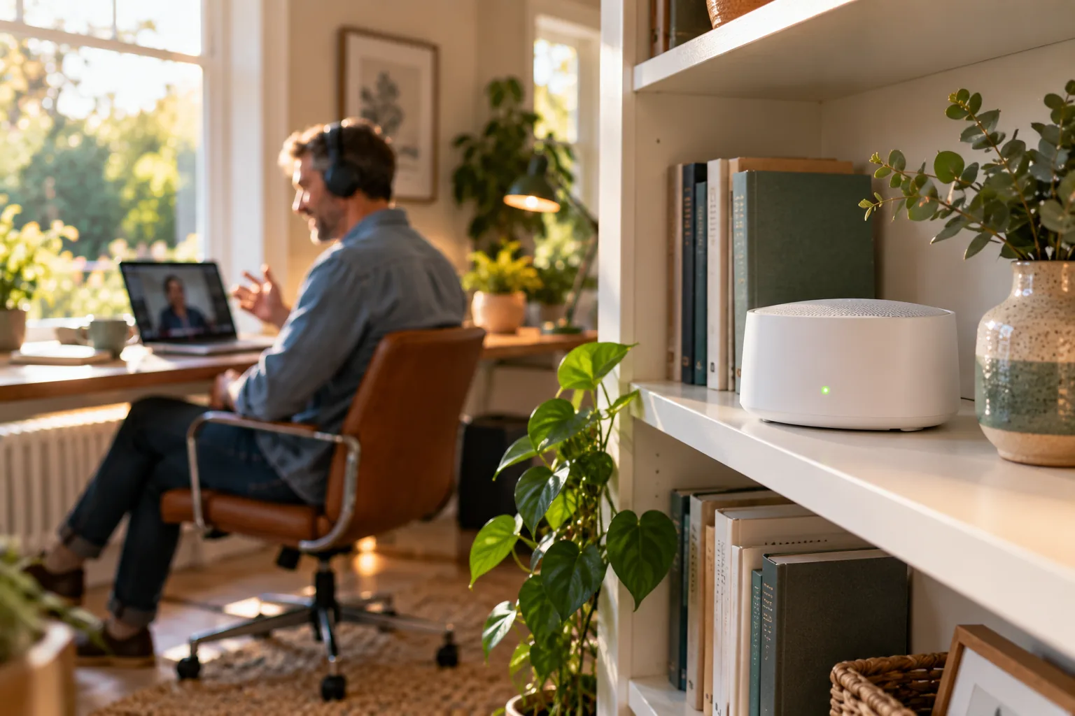 Man on a video call at a desk in a bright UK home office, with a white broadband unit showing a steady green light on a bookshelf in the foreground